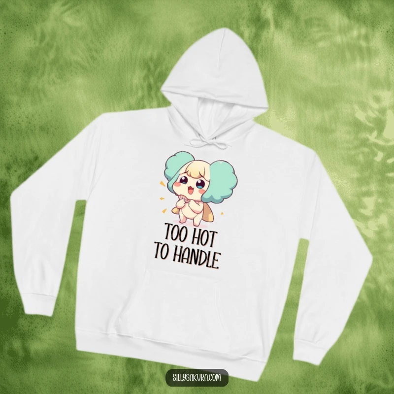 Funny hoodie with a character comically fanning itself, designed for warmth and a touch of humor.