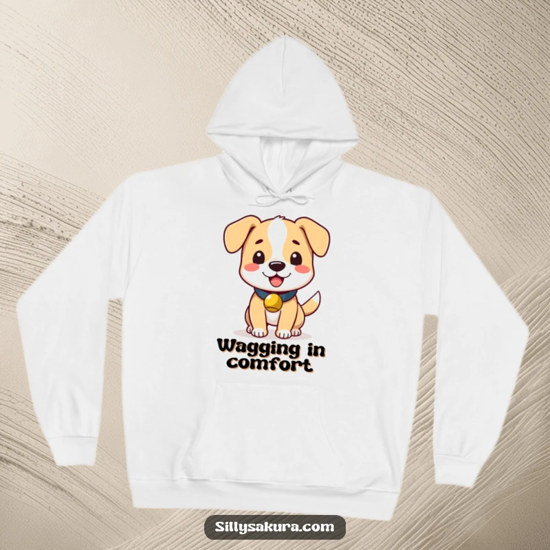 Funny hoodie with a cute dog sporting a small bell, caught in the act of a super happy, energetic tail wag.