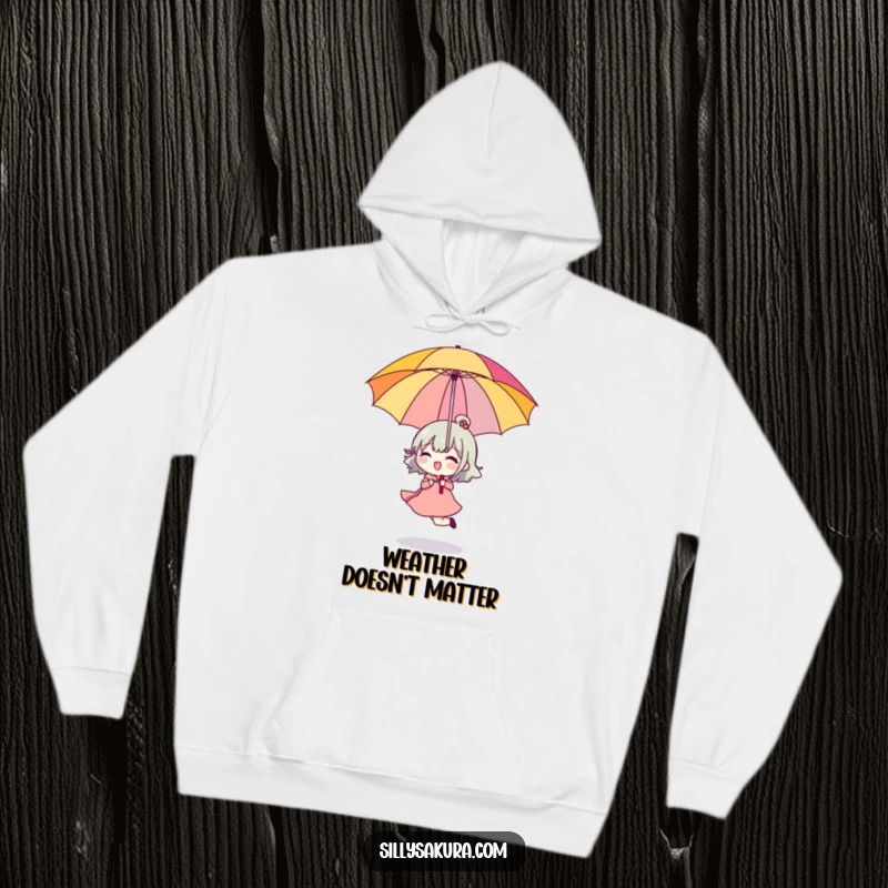 Funny Hoodie featuring a character happily skipping with a bright umbrella held upside down, exuding cheerful energy.