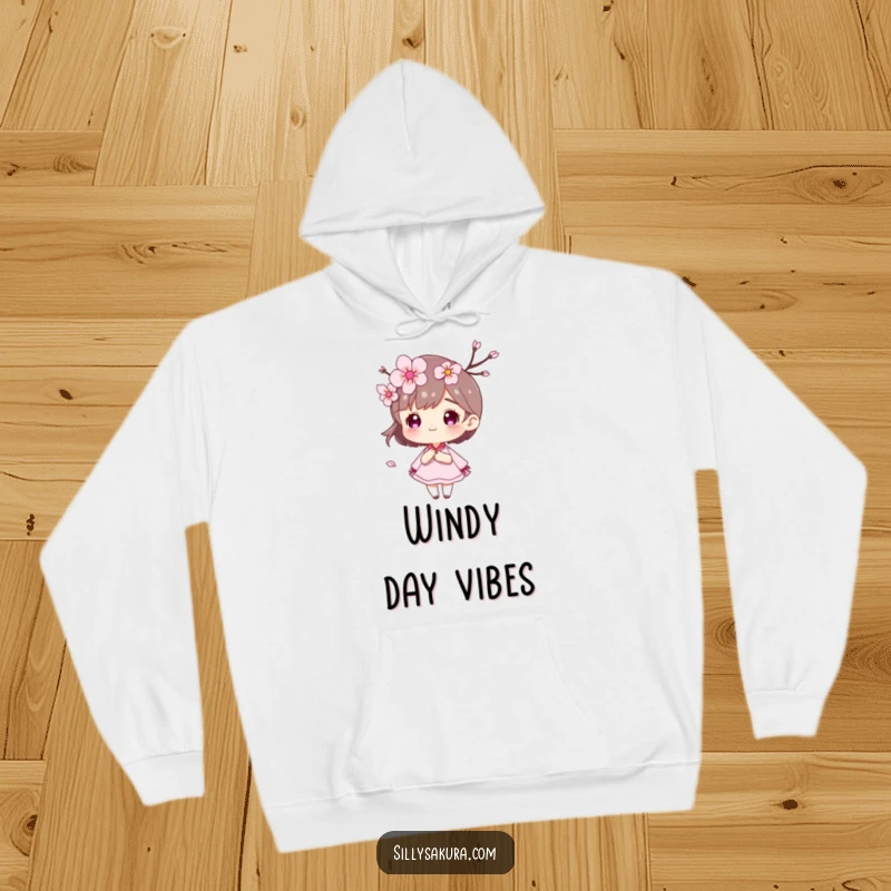 Funny Cherry Blossom Hoodie with a character and petals caught in a gentle, artistic wind.