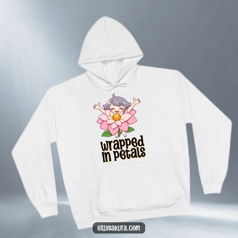 Funny hoodie showing a character joyfully embracing a large flower with open arms.
