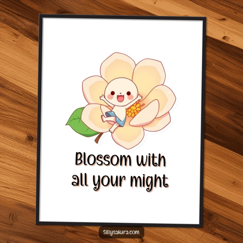Funny Free Printable Wall Art: A kawaii character joyfully kicking a giant stylized blossom, bursting with energy.