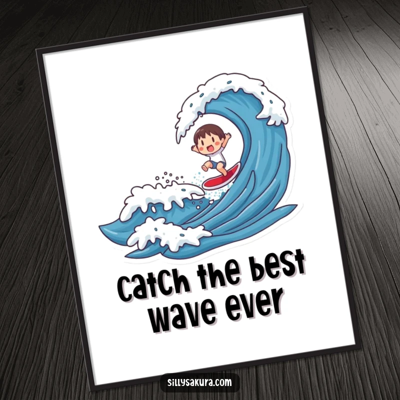 Funny Free Printable Wall Art: A character joyfully surfing a stylized ocean wave, bringing energetic and humorous coastal vibes indoors.