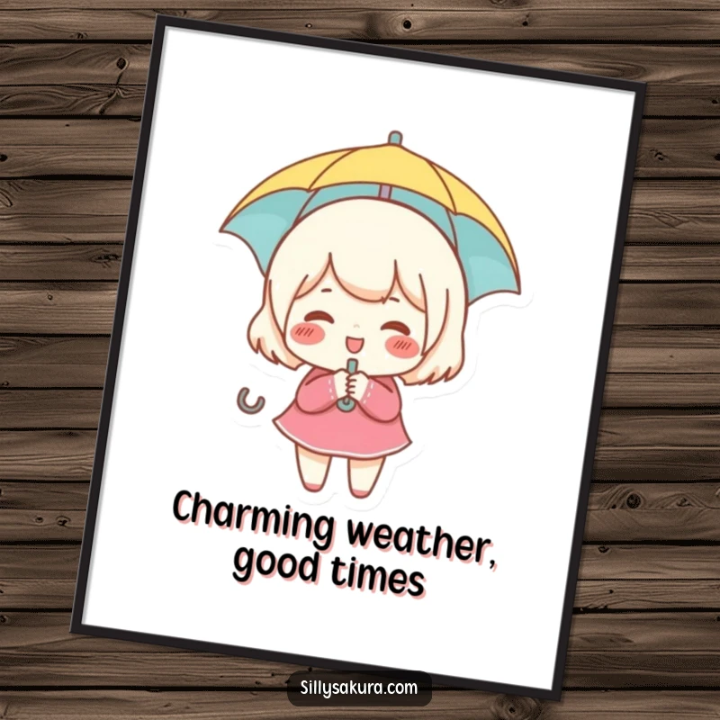 Funny Free Printable Wall Art: A rosy-cheeked character giggles while holding a tiny umbrella, a cheerful and downloadable decor piece.