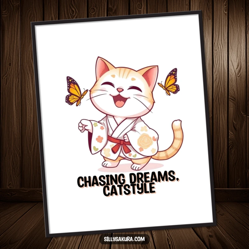 Funny Free Printable Wall Art: A delighted cat wearing a floral kimono joyfully chases a fluttering butterfly, a charming downloadable piece.