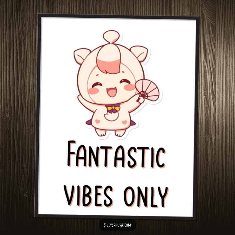 Funny Free Printable Wall Art showing a cute character with a bright smile happily waving a small fan, a vibrant downloadable piece.