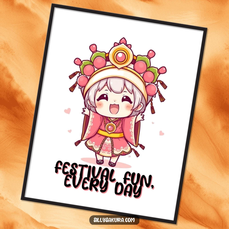 Funny Free Printable Wall Art: Kawaii character excitedly wearing elaborate festival attire, bringing a festive and joyful atmosphere.