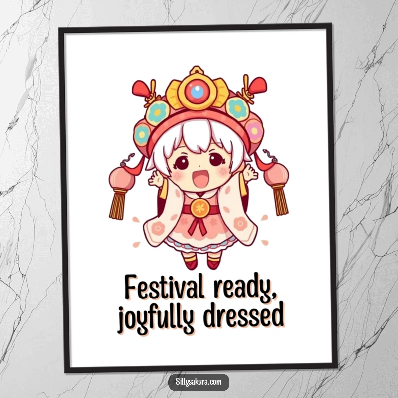 Funny Free Printable Wall Art: A Kawaii character excitedly wearing elaborate festival attire, bringing vibrant energy.