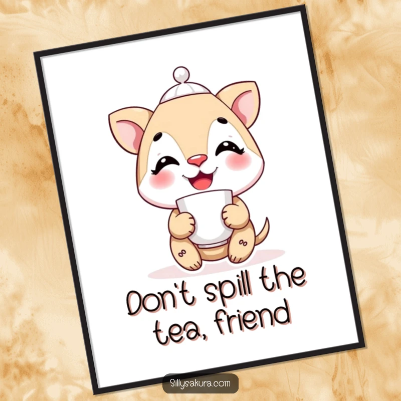 Funny Free Printable Wall Art: A smiling character precariously balancing a delicate teacup on its nose, full of charm.