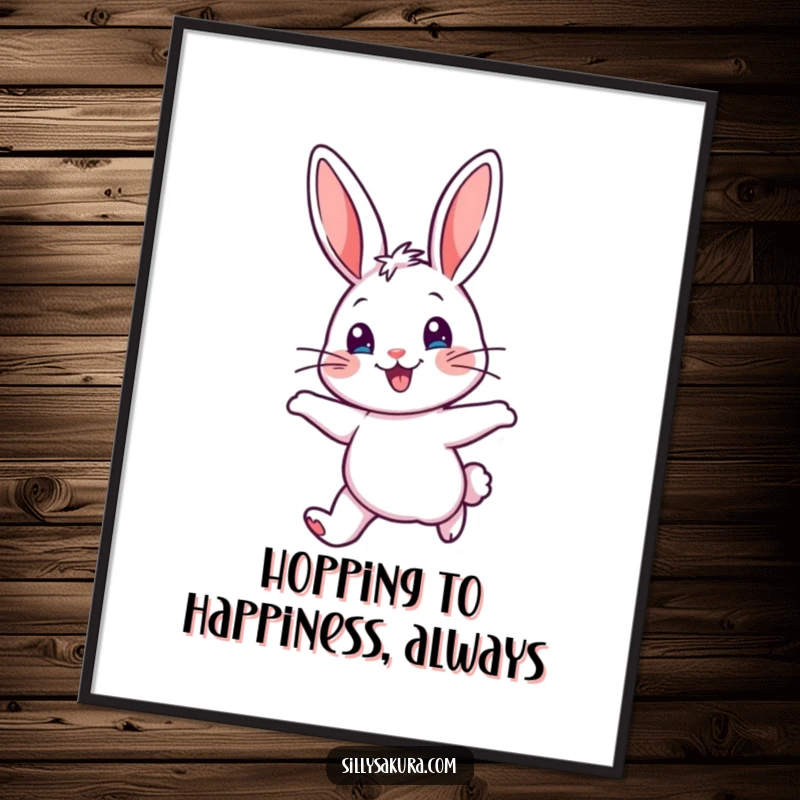 Funny Free Printable Wall Art: A cheerful rabbit character hopping with ears perked up in pure delight.