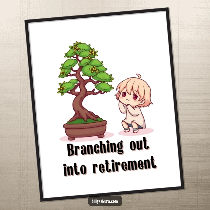 Funny Free Printable Wall Art: A character humorously wrestling with a tiny Bonsai tree, creating a comical display of focus.