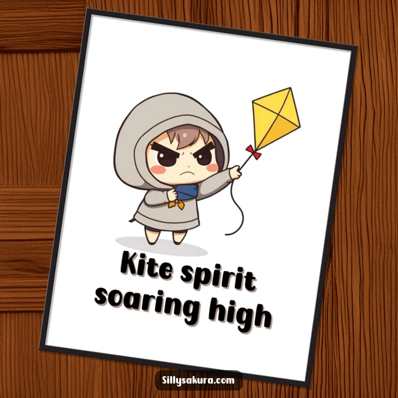 Funny Free Printable Wall Art: A character with a determined frown tries to fly a small kite, a quirky piece for your wall.