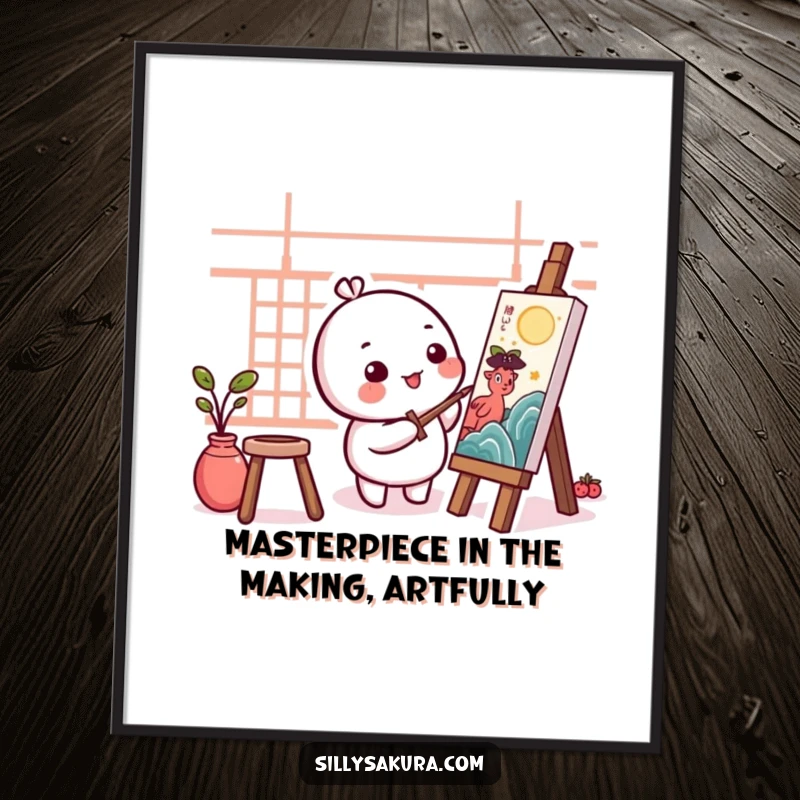 Funny Free Printable Wall Art: A small, round Kawaii character happily painting traditional artwork, adding artistic flair.