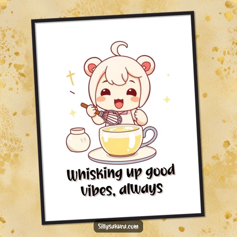 Funny Free Printable Wall Art: A cute Kawaii character enthusiastically preparing tea with a whisk, creating cozy vibes.