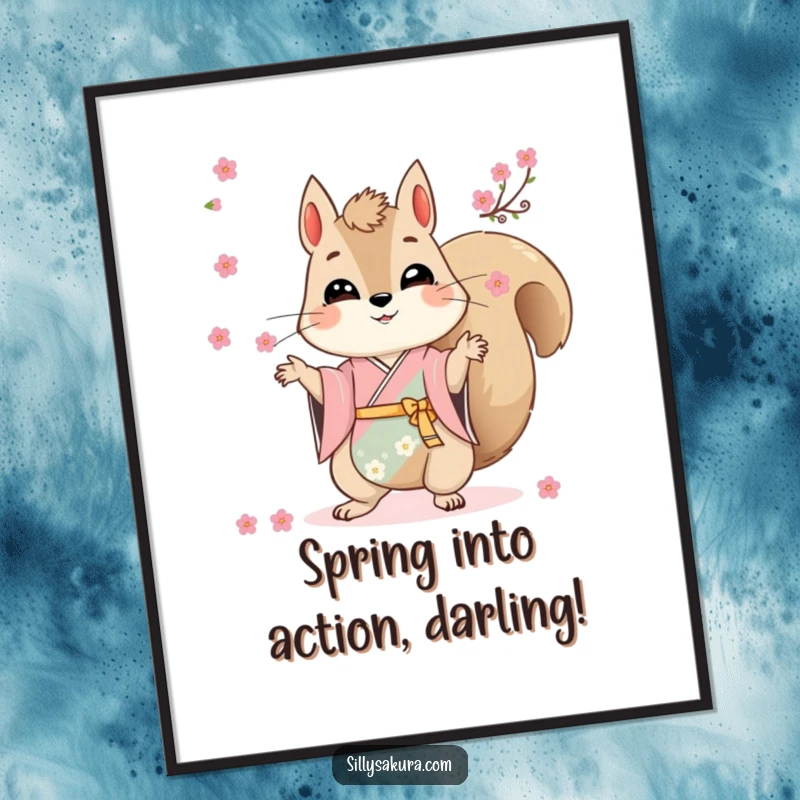 Funny Free Printable Wall Art: A squirrel in a kimono juggles tiny cherry blossoms with flair.