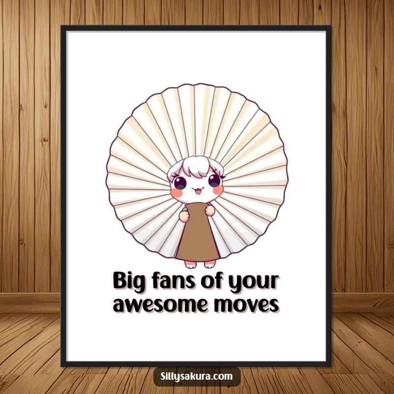 Funny Free Printable Wall Art of a character adorably peeking from behind a large, smiling fan, a quirky piece of decor.