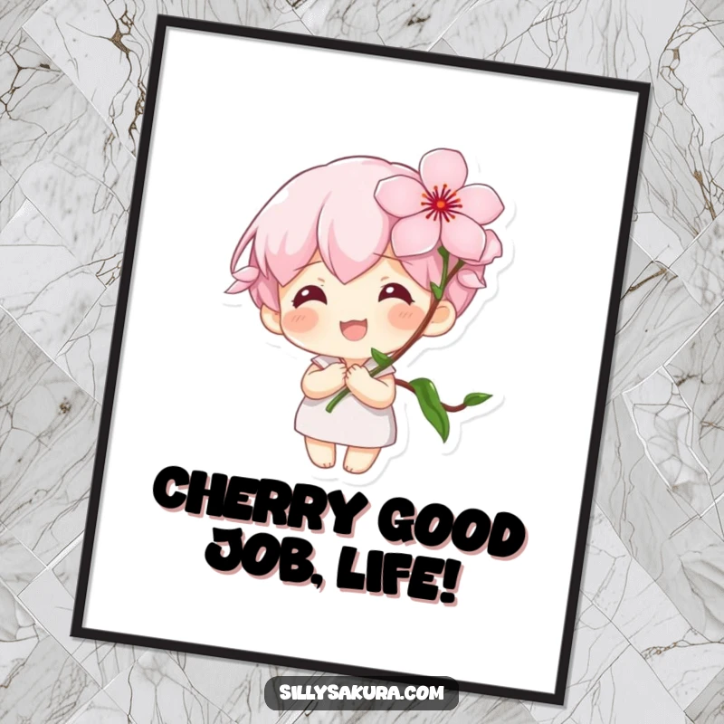 Funny Free Printable Wall Art: Tiny character with a large smile holding a blooming cherry blossom, sweet and charming decor.