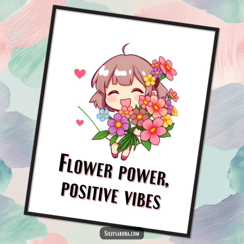 Funny Free Printable Wall Art of a character joyfully holding a beautiful bouquet of stylized flowers, adding a touch of vibrant nature.