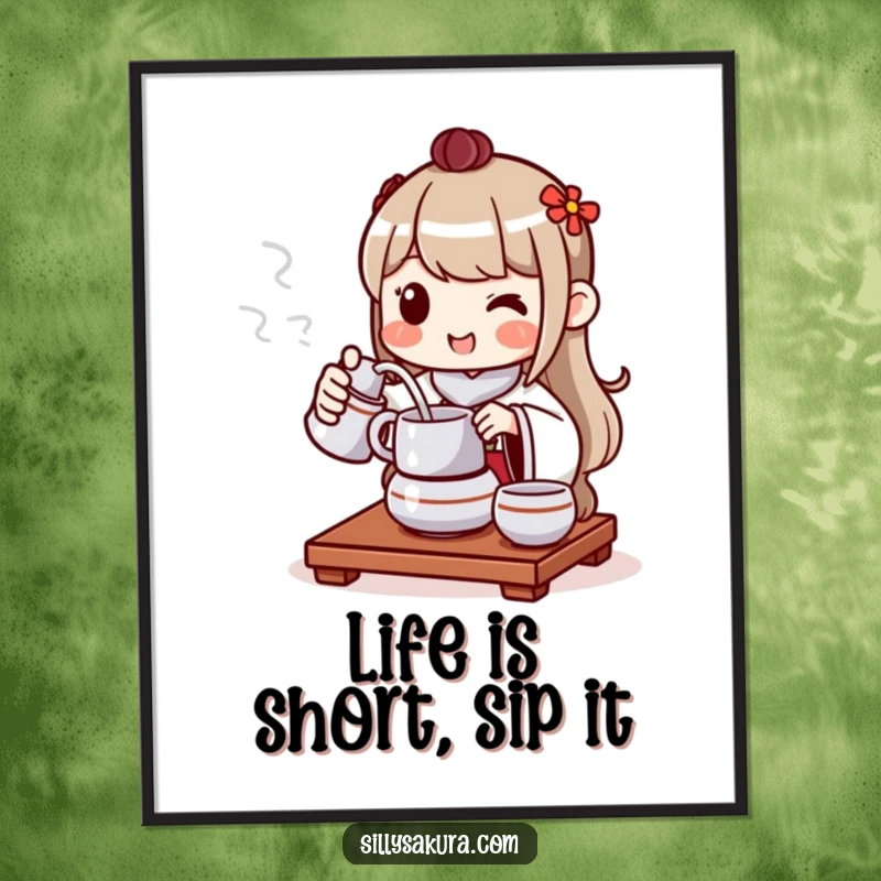 Funny Free Printable Wall Art: A cheerful character smiles while pouring tea from a traditional ceremony set.