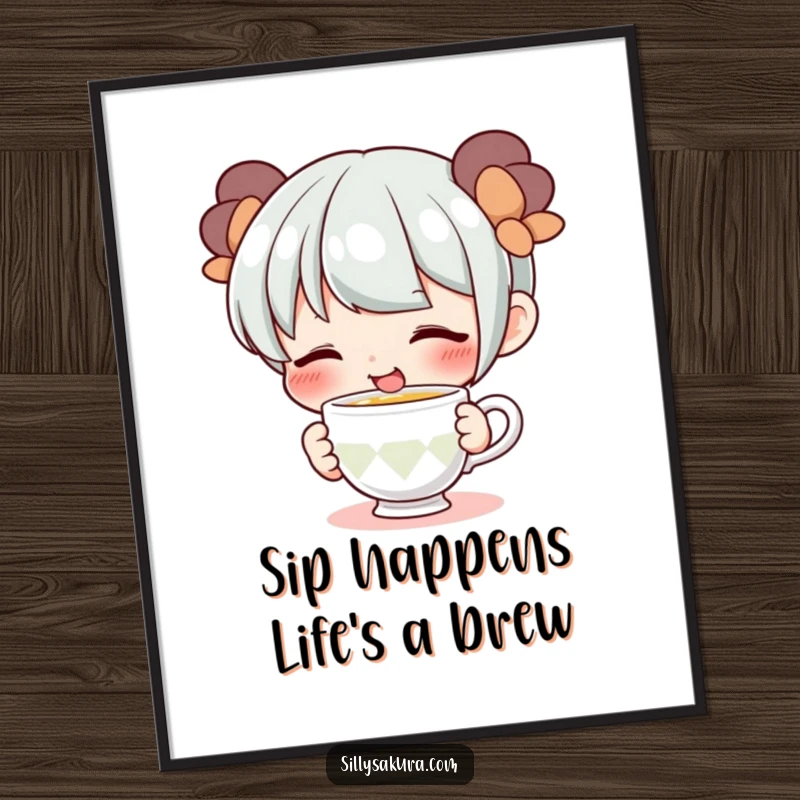 Funny Free Printable Wall Art of a cute character with a wide smile playfully sipping from a tiny teacup, exuding charm and happiness.