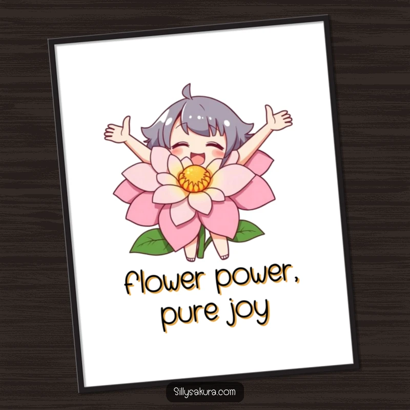 Funny Free Printable Wall Art: A character joyfully embraces a large flower with open arms, a vibrant and downloadable piece.