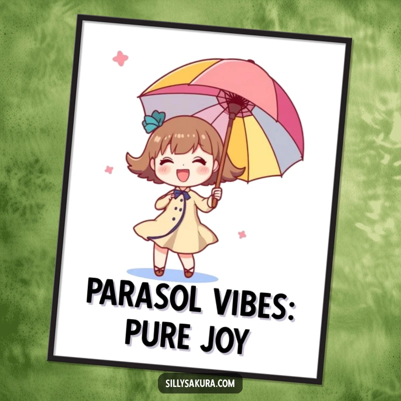 Funny Free Printable Wall Art: A cute character joyfully twirls a brightly colored parasol, spreading sunshine.