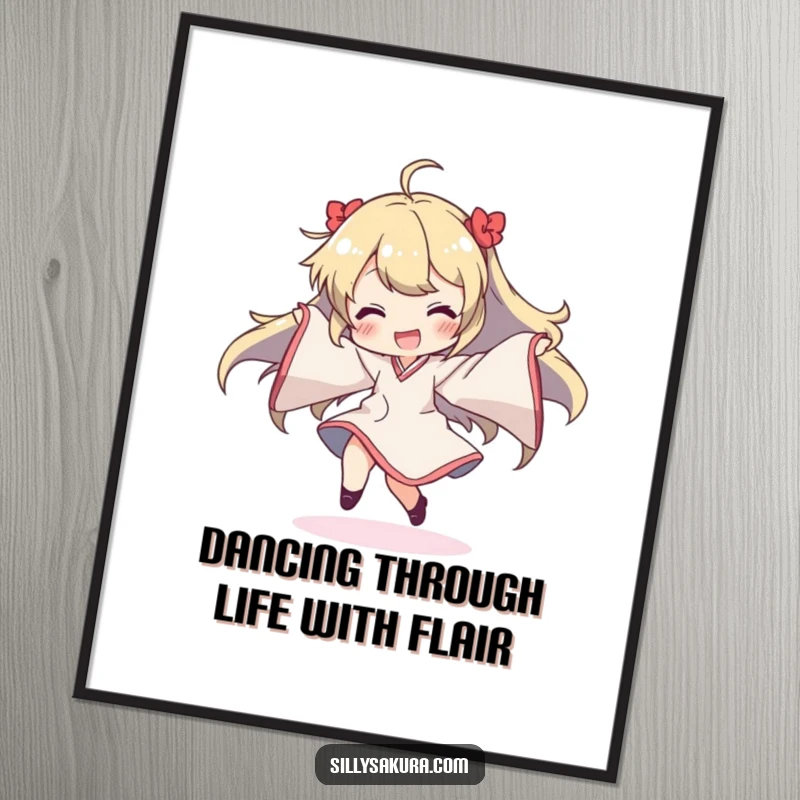 Funny Free Printable Wall Art of a character ecstatically dancing, their long, flowing sleeves creating a dynamic and humorous visual effect.