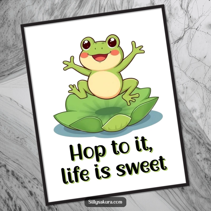 Funny Free Printable Wall Art, a cute frog mid-jump onto a lotus pad, exuding pure joy and whimsy