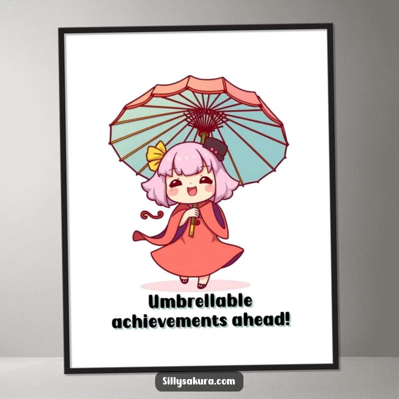 Funny Free Printable Wall Art: Kawaii character joyfully twirling a large, decorative umbrella, creating a whimsical and uplifting visual.