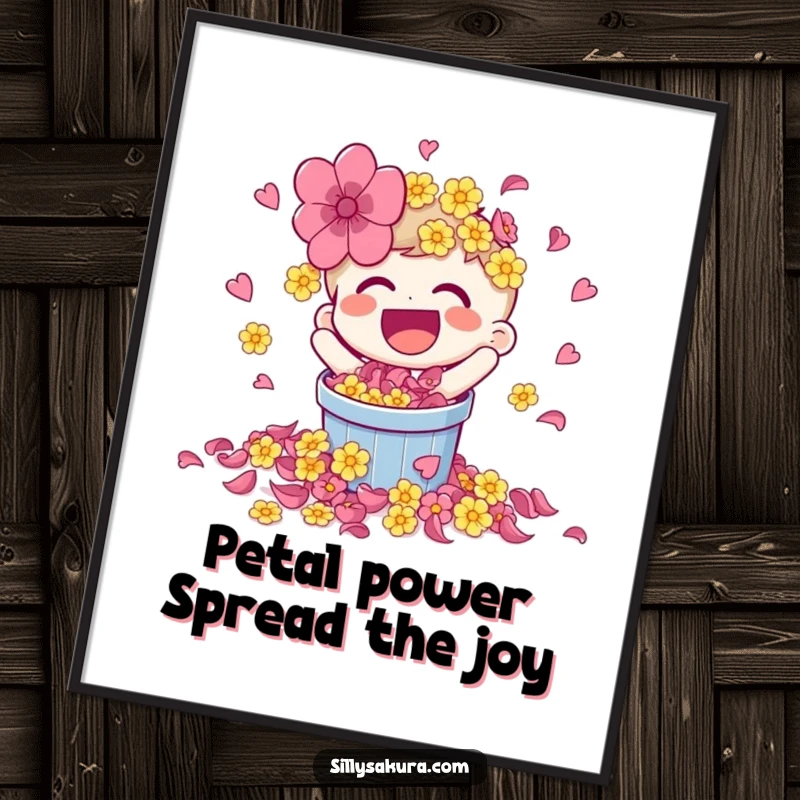Funny Free Printable Wall Art of a laughing character joyfully spilling a bucket overflowing with bright, colorful flower petals.
