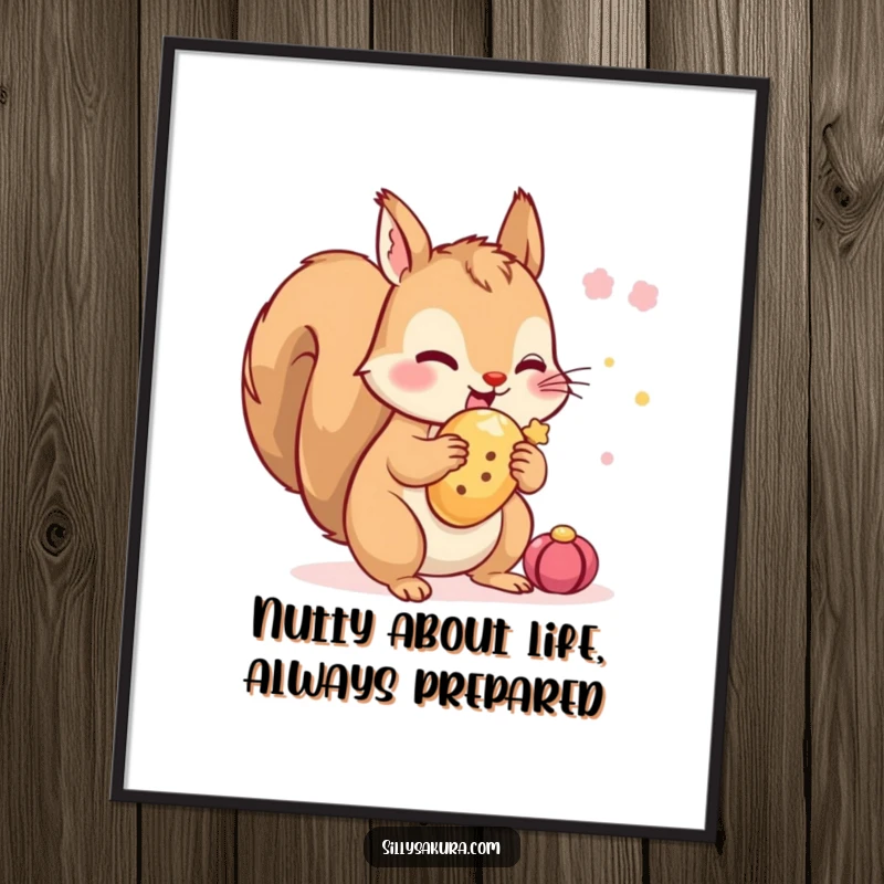 Funny Free Printable Wall Art, a tiny squirrel busily hiding a festival treat with great excitement, whimsical decor