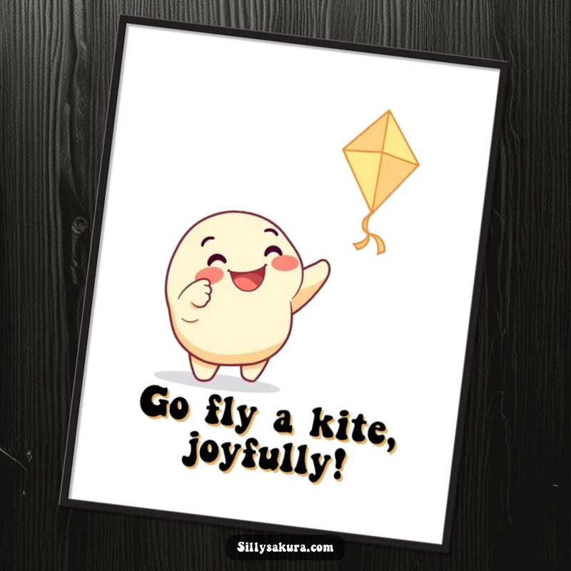 Funny Free Printable Wall Art: Grinning character pointing excitedly at a dancing paper kite, perfect DIY decor.