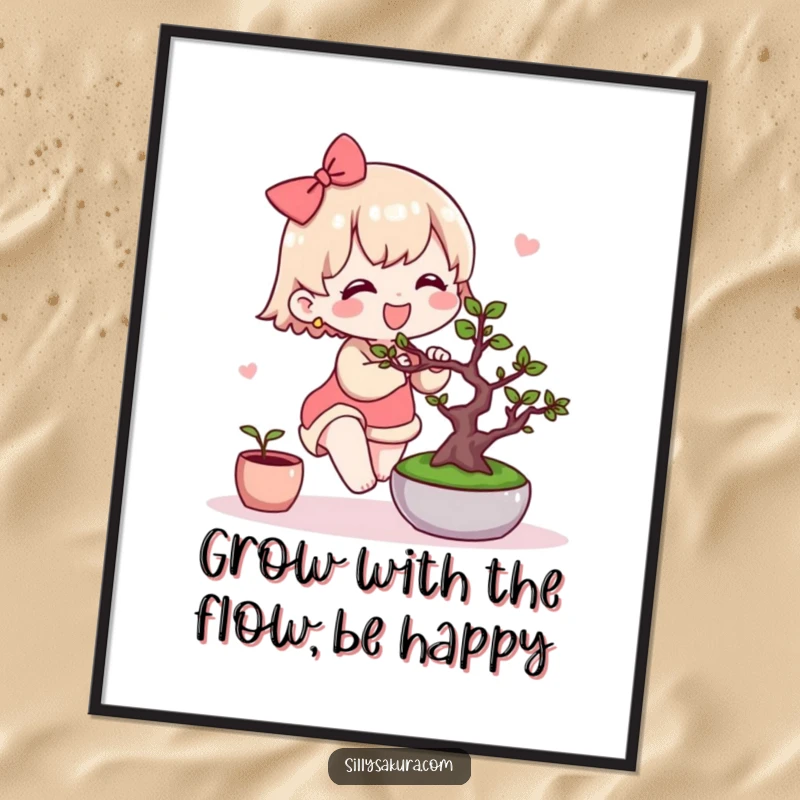 Funny Free Printable Kawaii wall art, a cute character joyfully tending a miniature bonsai tree, adding calm decor.