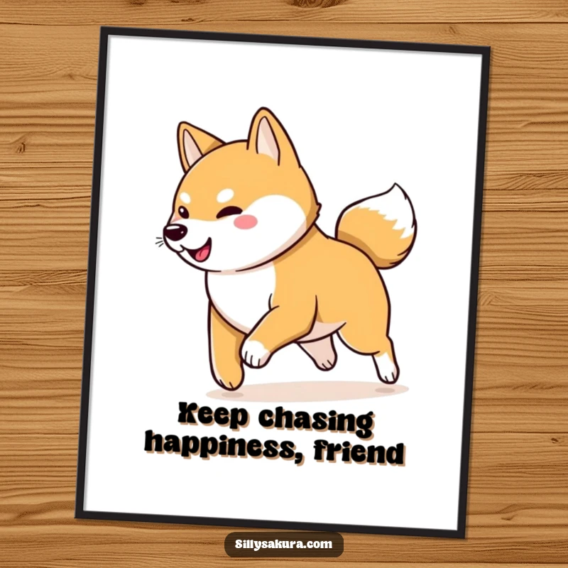 Funny Free Printable Wall Art, a happy Shiba Inu energetically chasing its own wagging tail in a playful circle