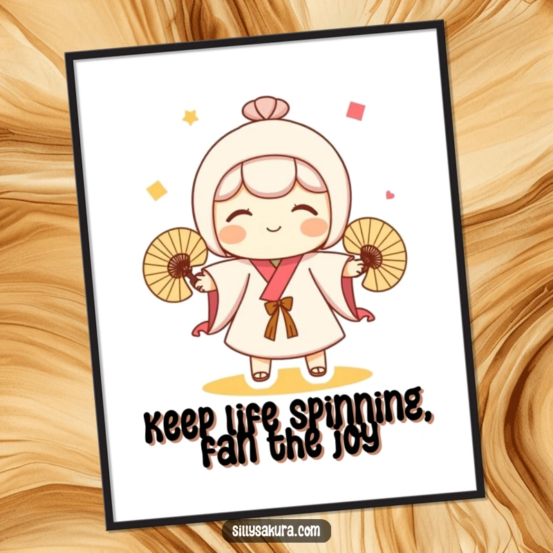 Funny Free Printable Wall Art showing a cute Kokeshi doll character playfully juggling three tiny fans with an energetic and happy demeanor.