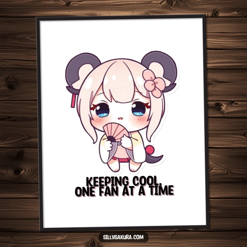 Funny Free Printable Wall Art: Shy blushing character holding a tiny fan, creating a cute and humorous decorative piece.