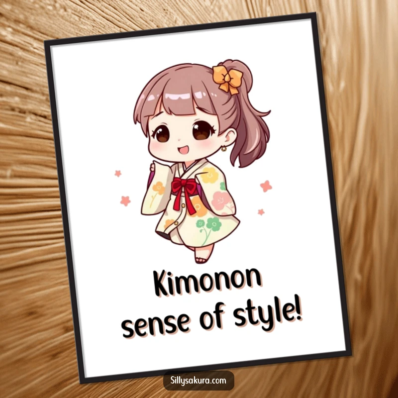 Funny Free Printable Wall Art: Character joyfully dressed in a playful Kimono doing a twirl, festive and celebratory decor.