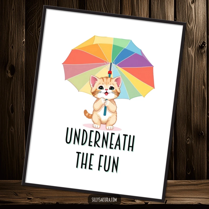 Funny Free Printable Wall Art: A curious and happy kitten exploring the colorful interior of a giant paper umbrella.