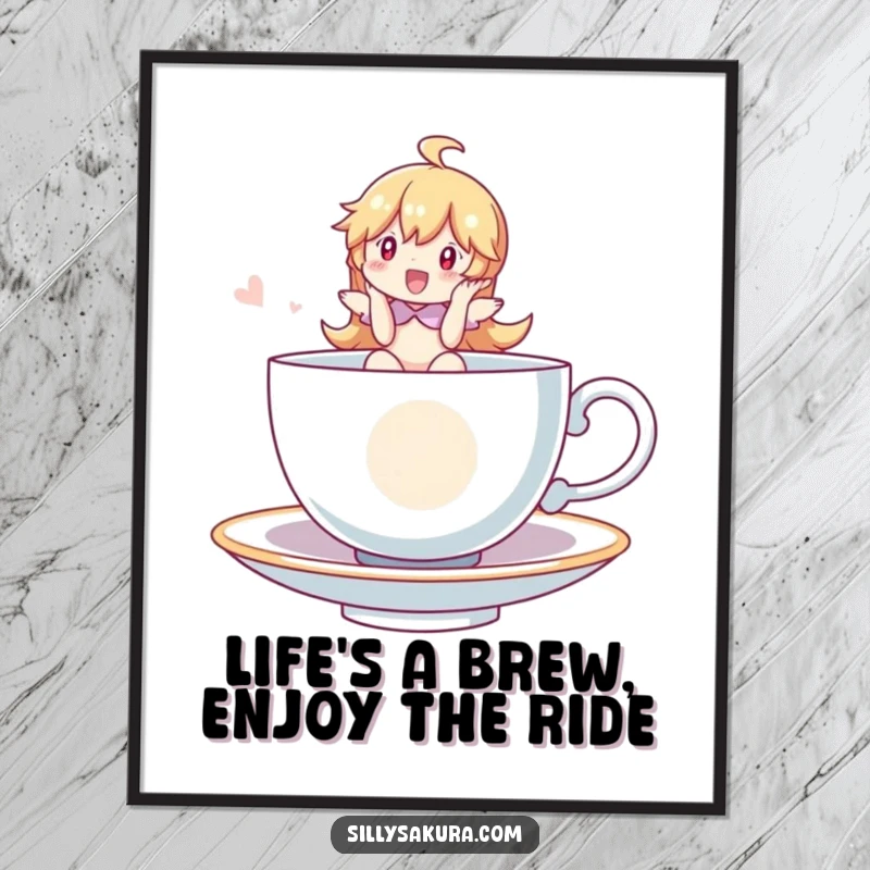 Funny Free Printable Wall Art showing a character joyfully riding a whimsical, floating tea cup, adding a touch of magic.