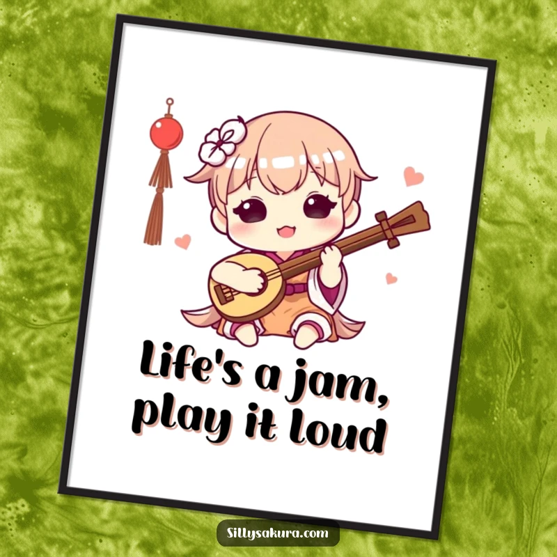 Funny Free Printable Kawaii wall art, a cute character happily playing a small traditional instrument, adding musical charm to decor.