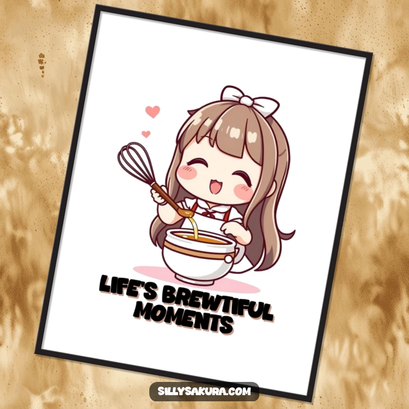 Funny Free Printable Wall Art: Cute Kawaii character enthusiastically preparing tea with a whisk, bringing lively charm to your decor.