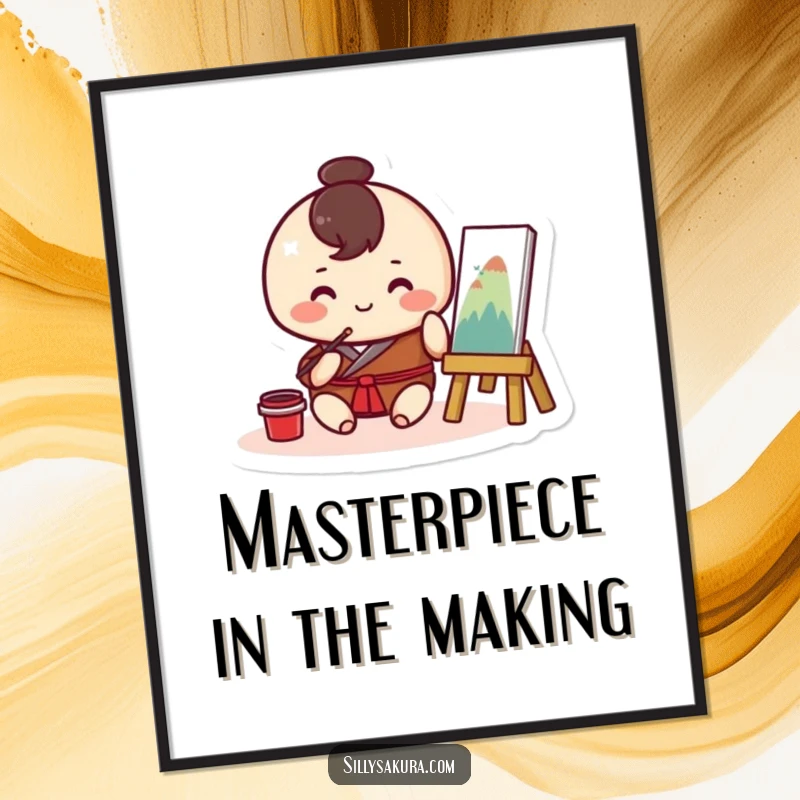 Funny Free Printable Wall Art: Small, round Kawaii character happily painting traditional artwork, adding a splash of color and joy.