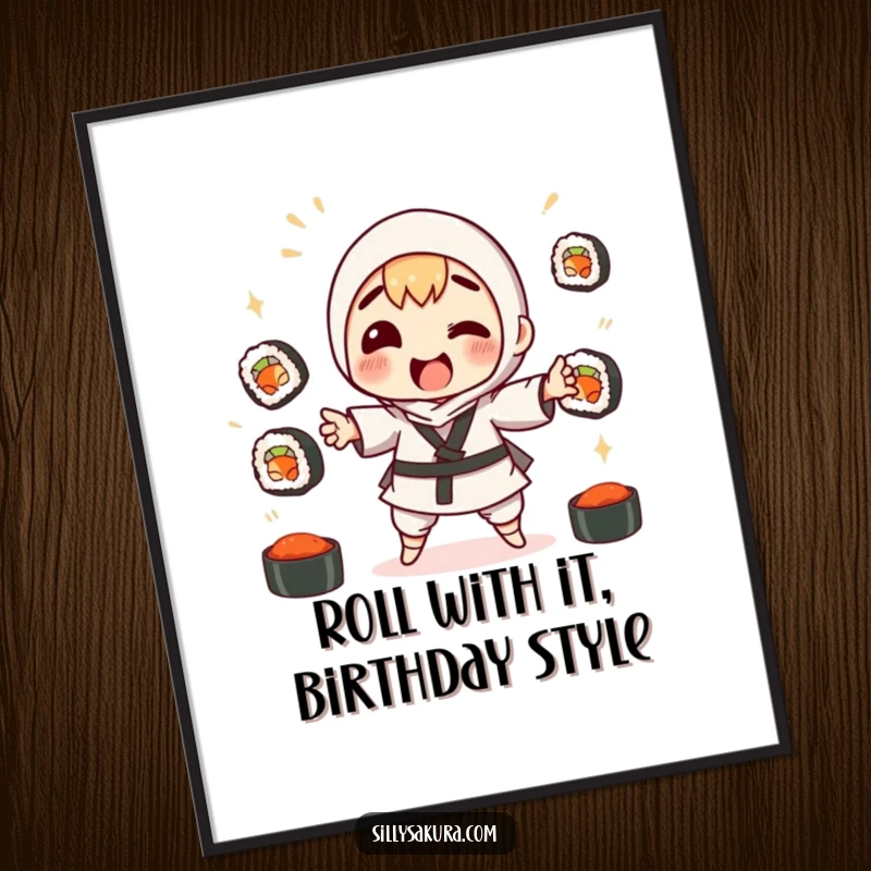 Funny Free Printable Wall Art Poster: A comical character masterfully (or not!) juggles various sushi rolls with a determined expression.