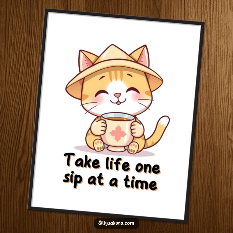 Funny Free Printable Wall Art: Smiling cat character in a paper hat kindly offers a cup of tea.