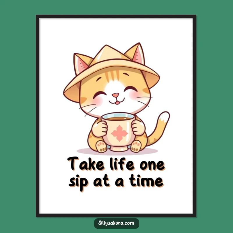 Free Printable Wall Art: Smiling Cat Offering Tea Downloadable Decor