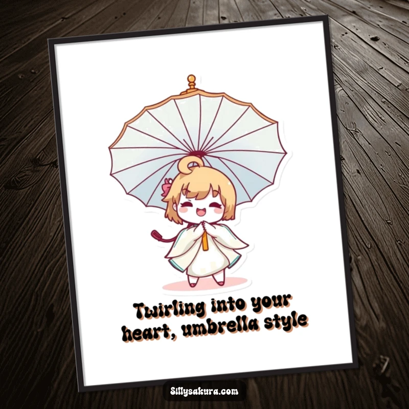 Funny Free Printable Wall Art: A joyful Kawaii character joyfully twirling a large, decorative umbrella, adding charm.