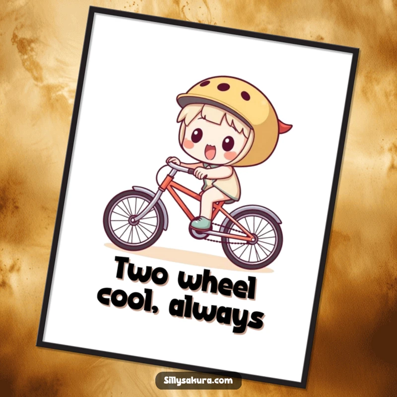 Funny Free Printable Wall Art: Excited character pedaling a small bicycle with infectious joy, perfect decor.
