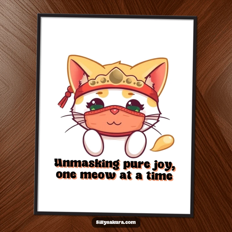 Funny Free Printable Cat Mask Wall Art: A happy cat wearing a traditional mask, peeking playfully, brings whimsical charm to any room.