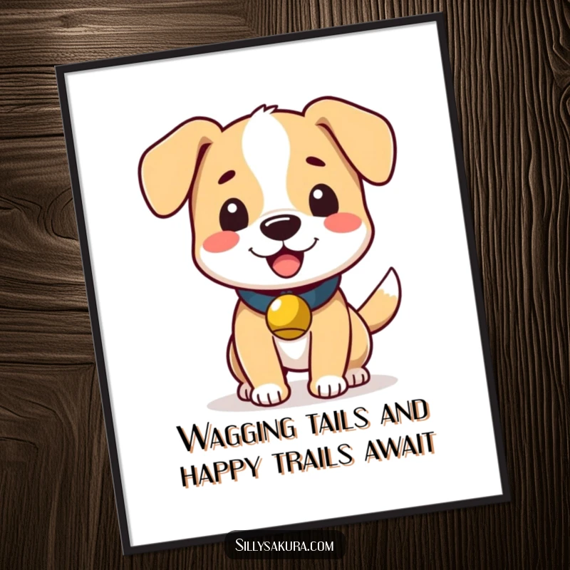 Funny Free Printable Wagging Dog Wall Art: A cute dog with a small bell, tail wagging joyfully, brings warmth and cheer to walls.