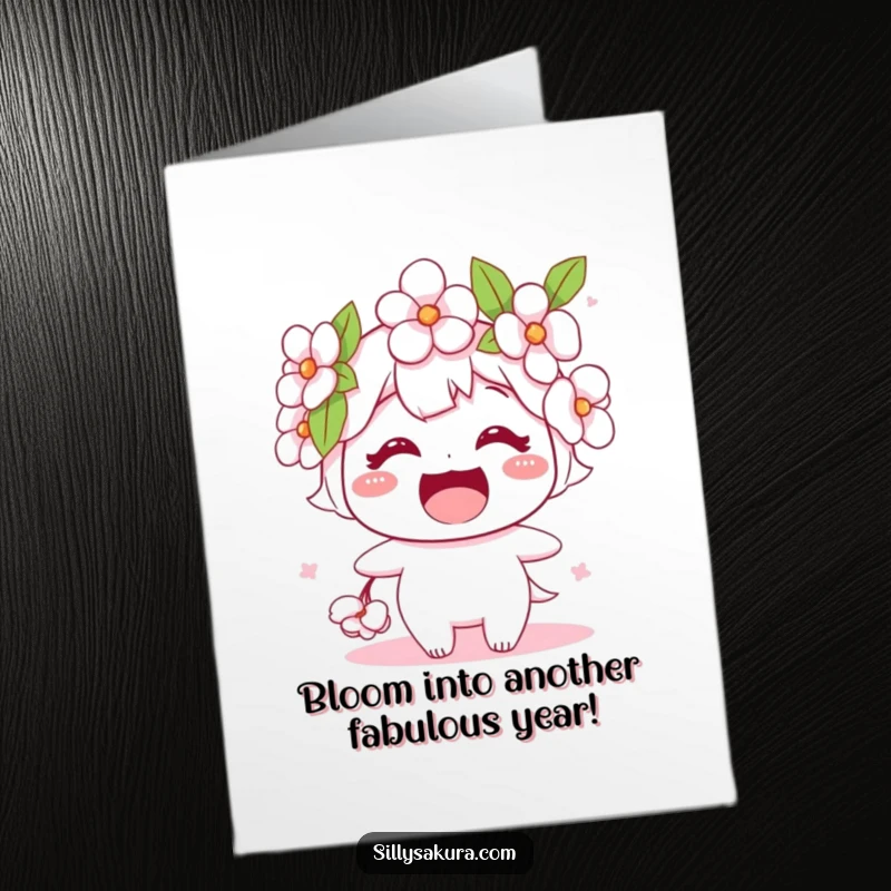 Funny Free Printable Birthday Card featuring a smiling cherry blossom character opening wide with glee, ready to celebrate.